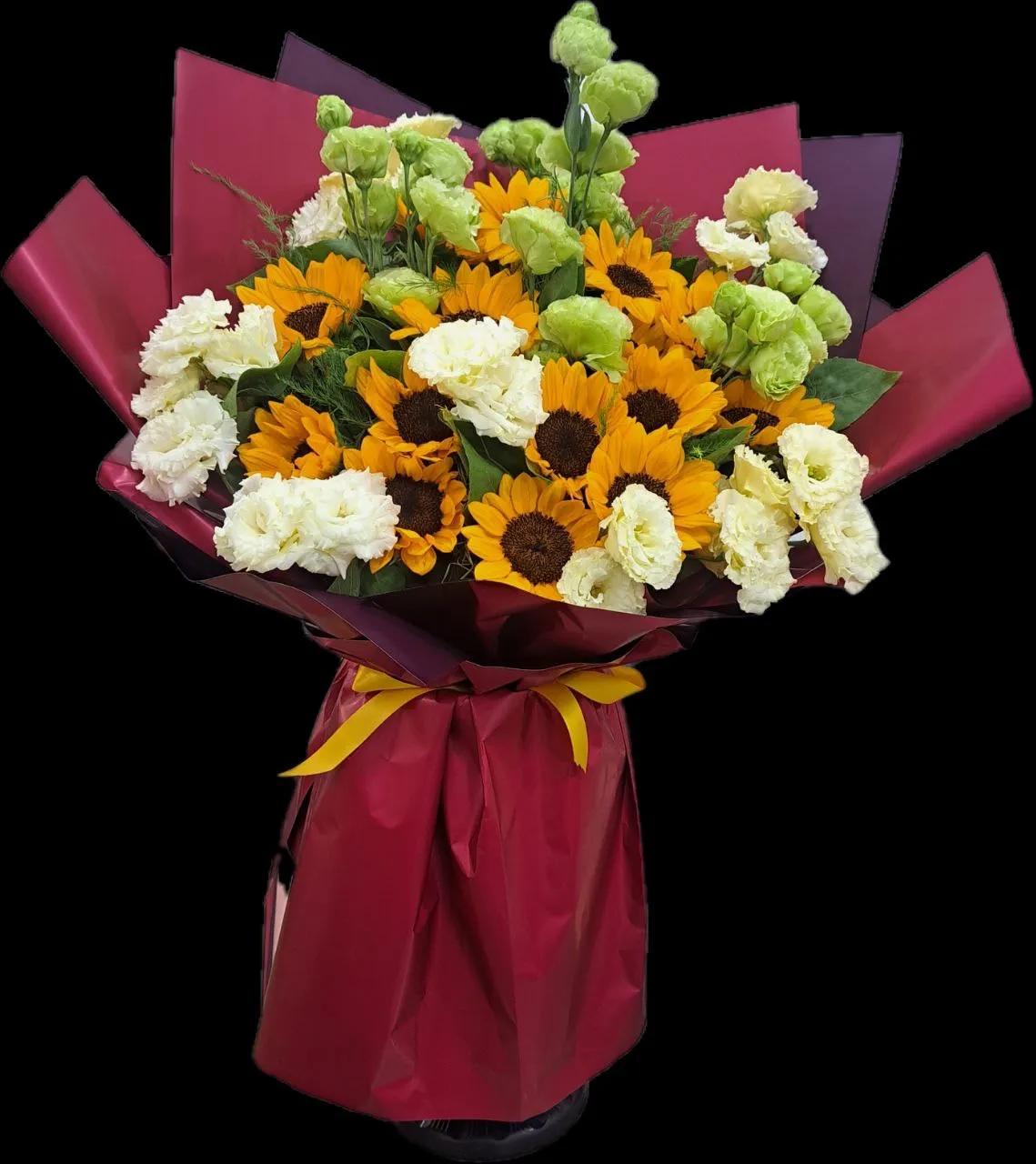 Sunflower and lisianthus in one bunch | ծաղիկներ, ծաղկեպսակներ, բույսեր - առաքում Երևան